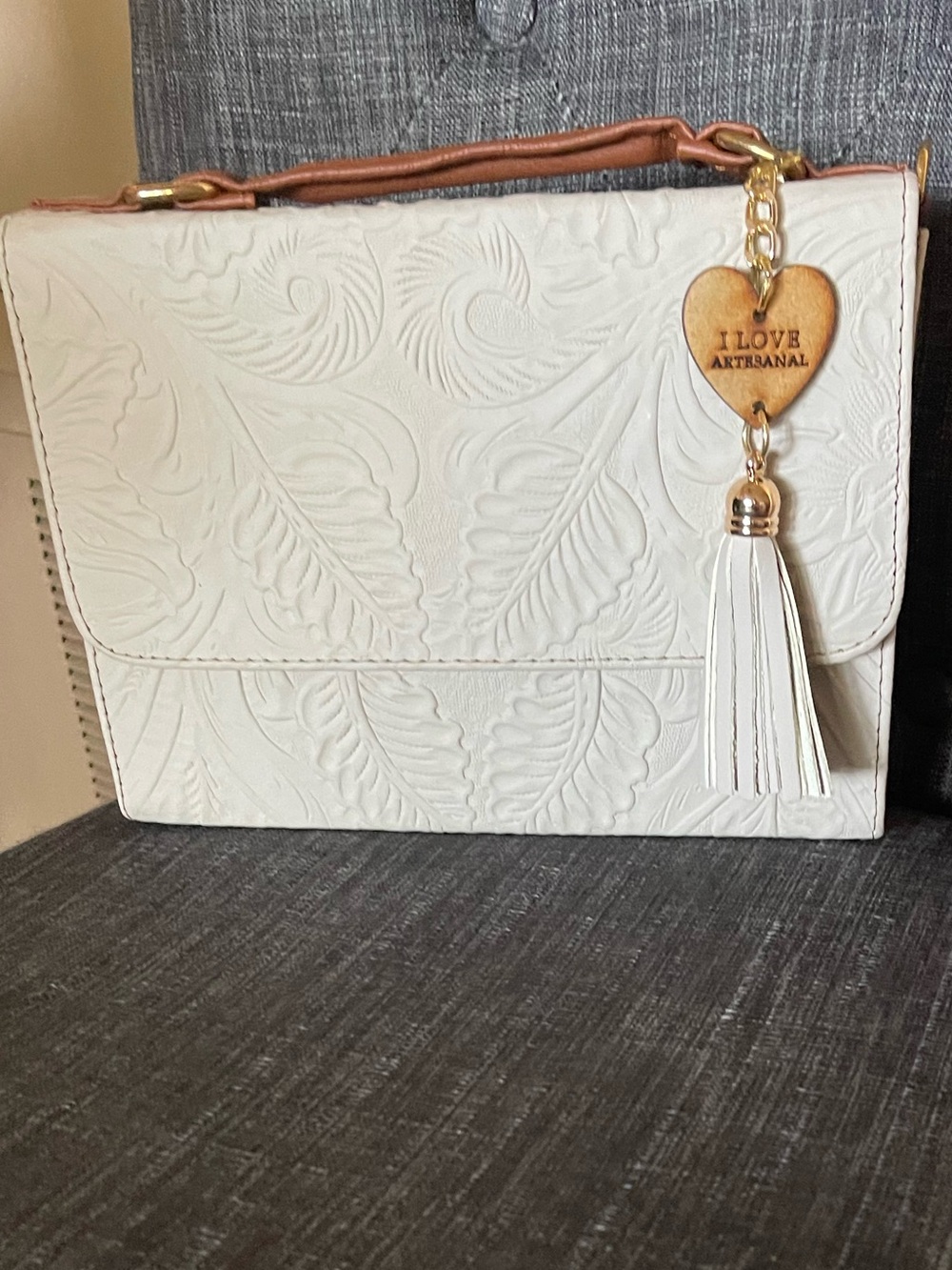 White Embossed Tassel Top-Handle Bag